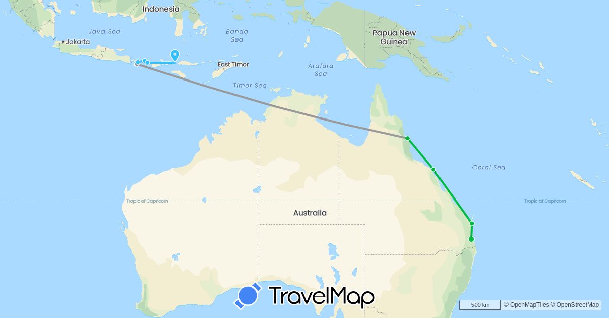 TravelMap itinerary: driving, bus, plane, boat in Australia, Indonesia (Asia, Oceania)